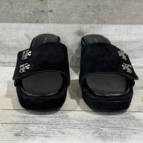 TORY BURCH T-Lock Wedge Sandal - Perfect Black Suede - Size - 7.US